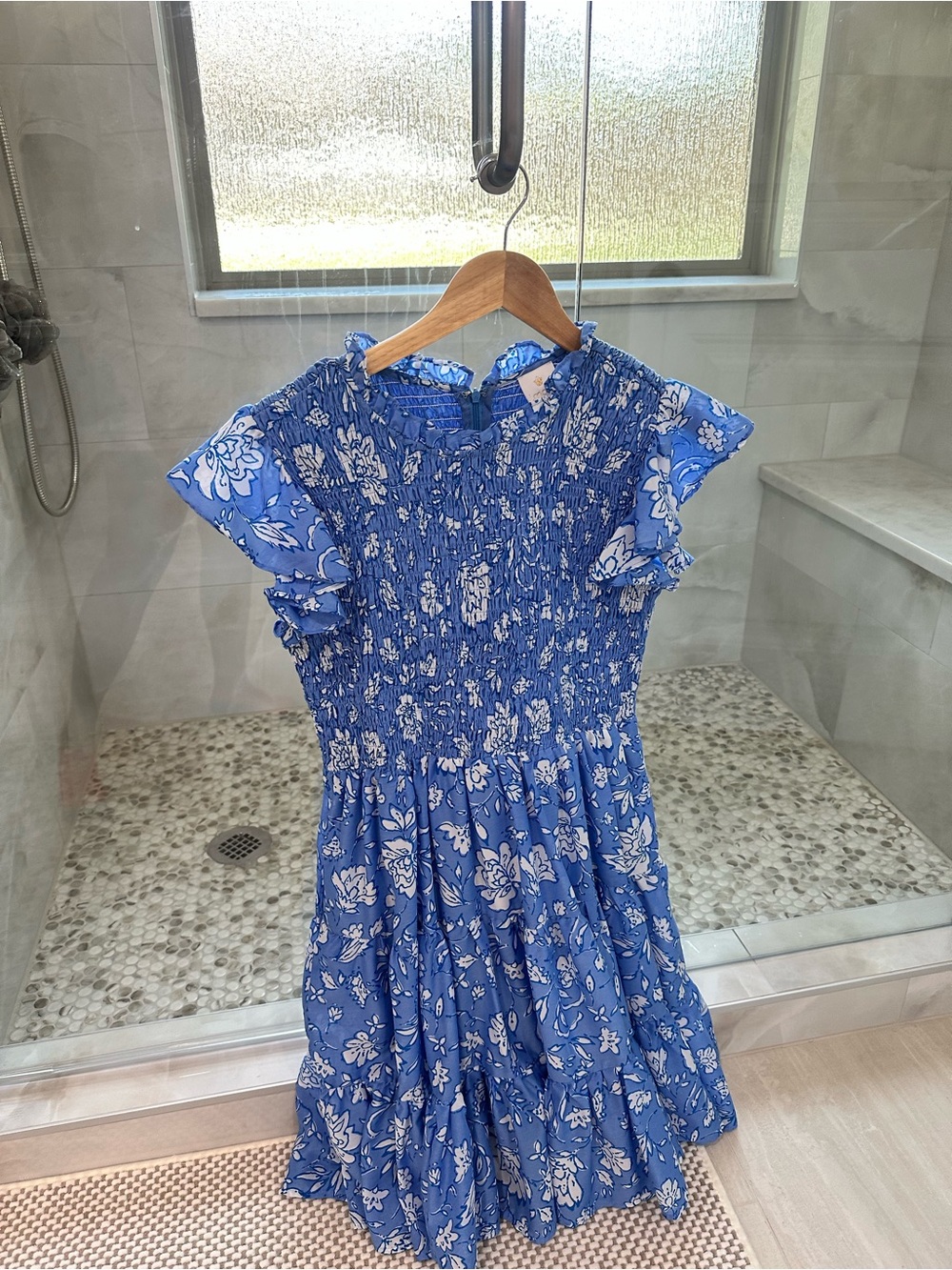 J Marie Smocked Blue Floral Midi Dress with Flutter Sleeves